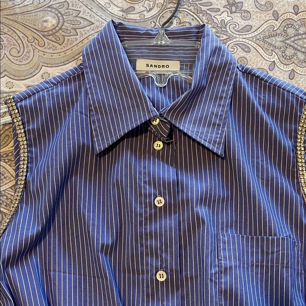Sandro Navy Striped Button-Down Sleeveless Shirt - Picture 5 of 10